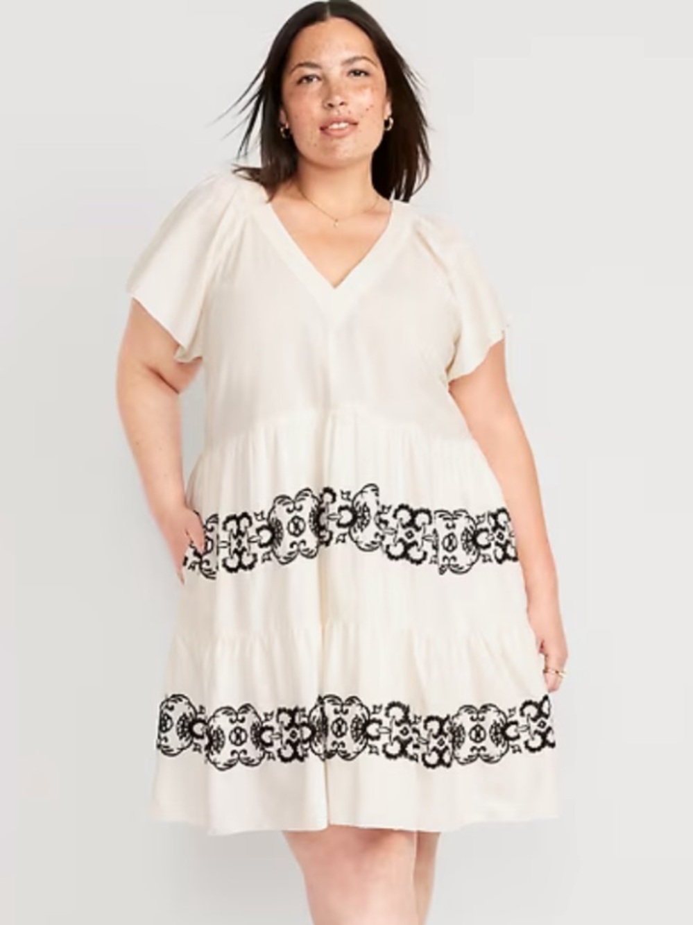 Old Navy Cream Mini Swing Dress with Black Embroidery